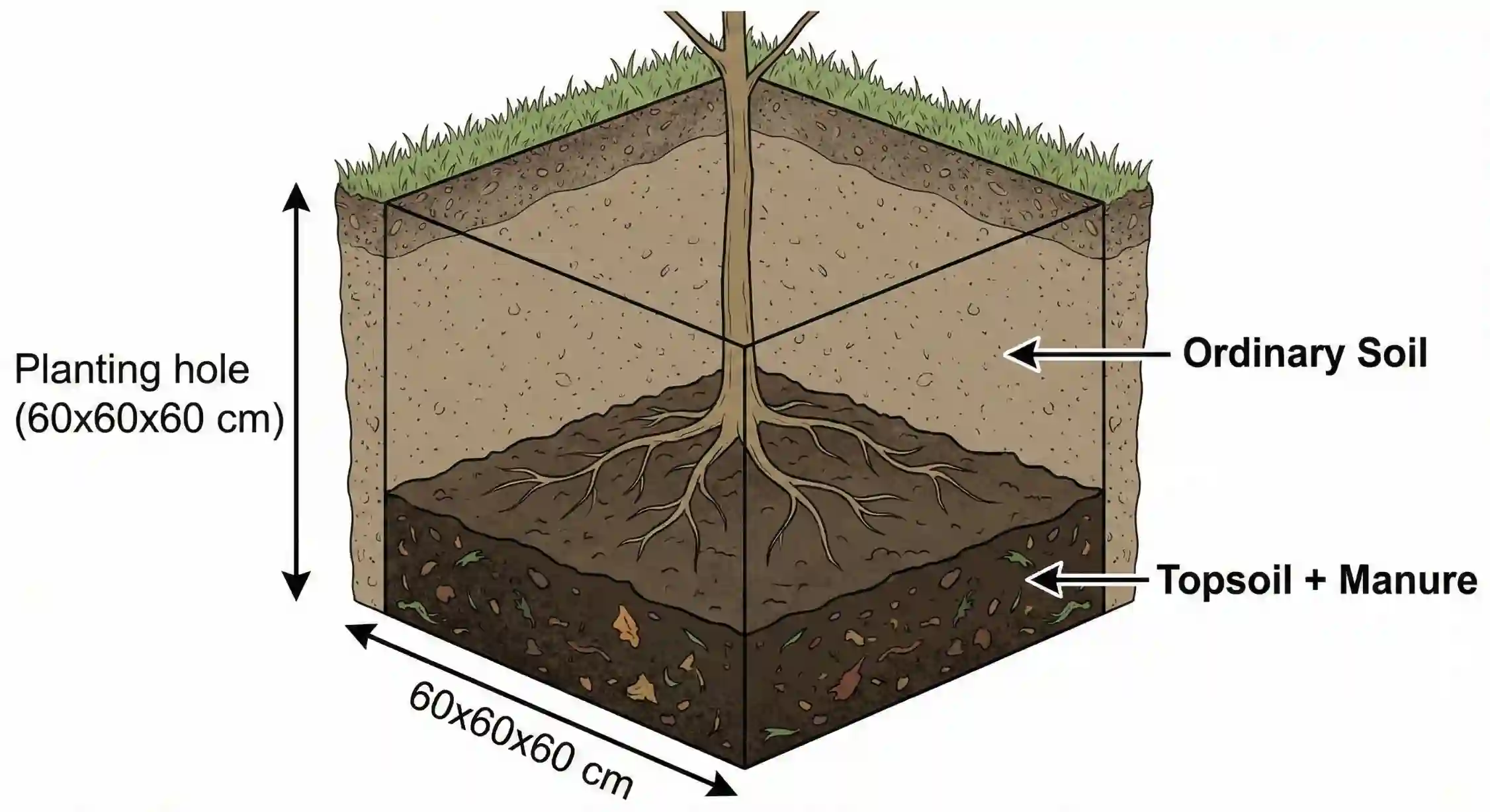 ابعاد استاندارد گودال کاشت نهال گردو و نحوه پر کردن خاک و کود.