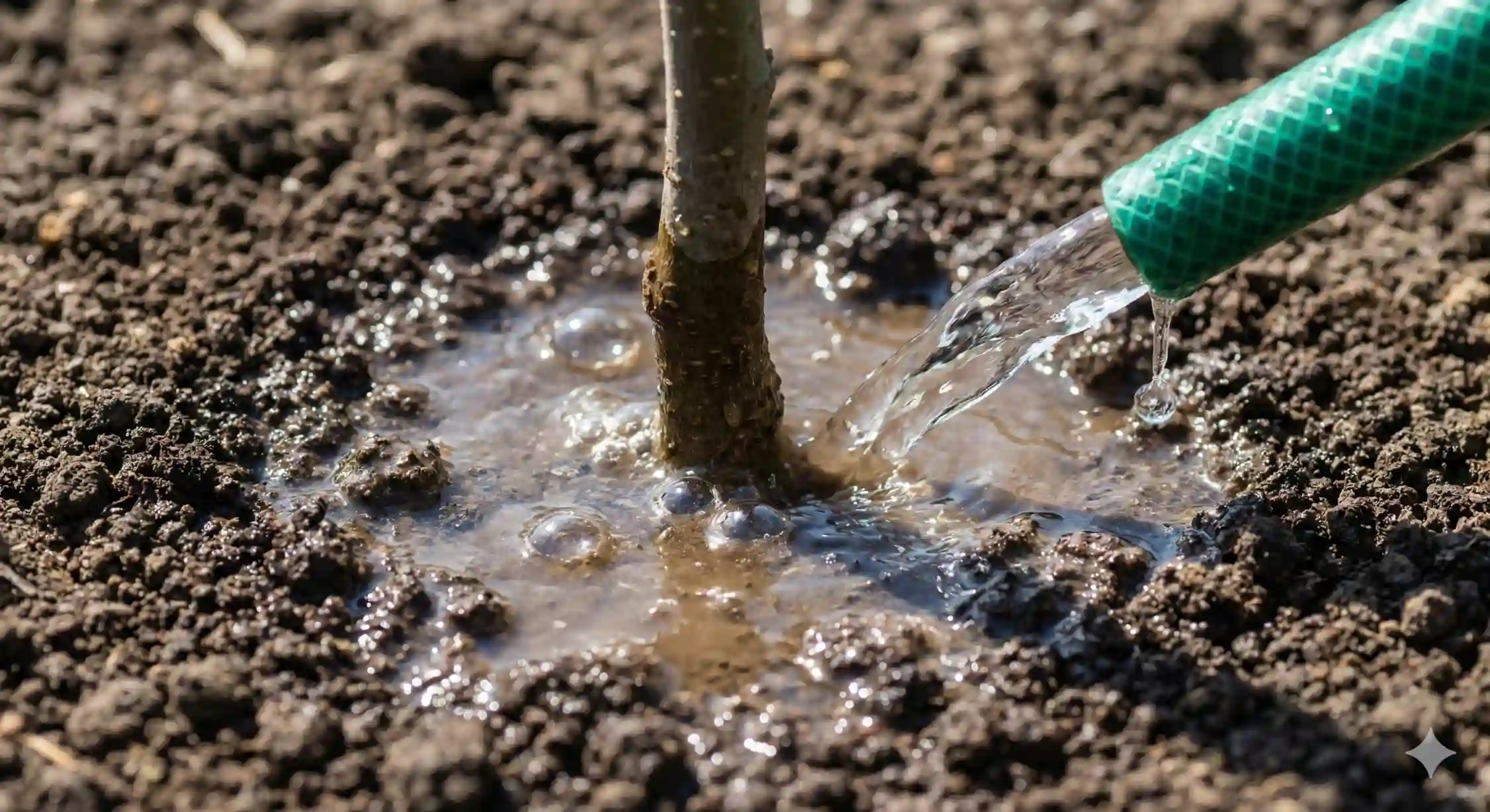 آبیاری غرقابی نهال گردو بلافاصله پس از کاشت برای هواگیری ریشه.